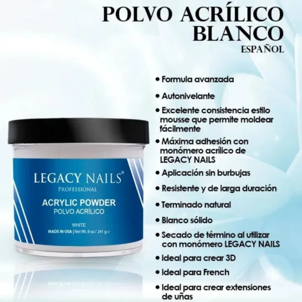 Acrílico White Legacy Nails Polímero Blanco - Imagen 2